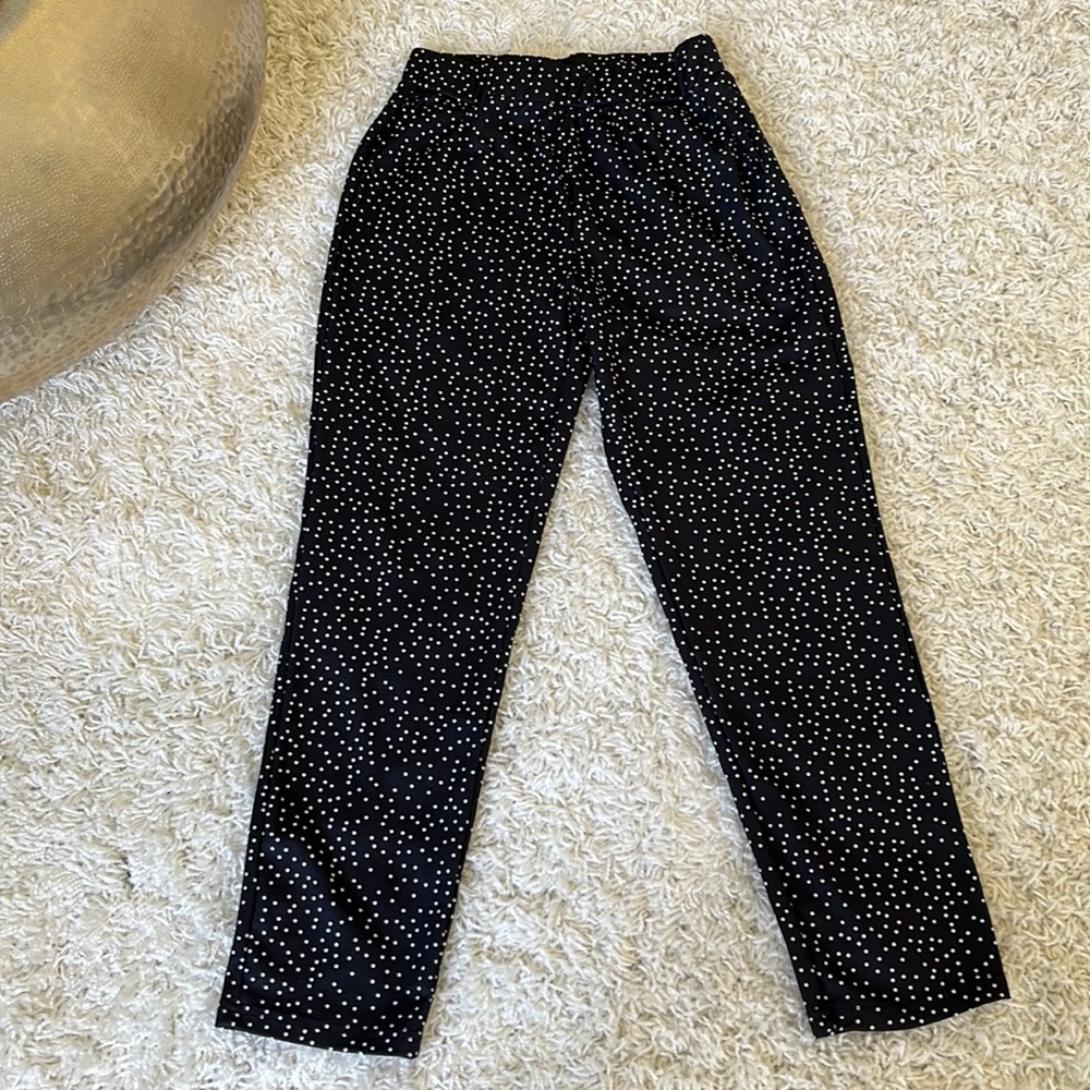 Polka Dot High Rise Shirred waist straight leg trousers with slant pockets